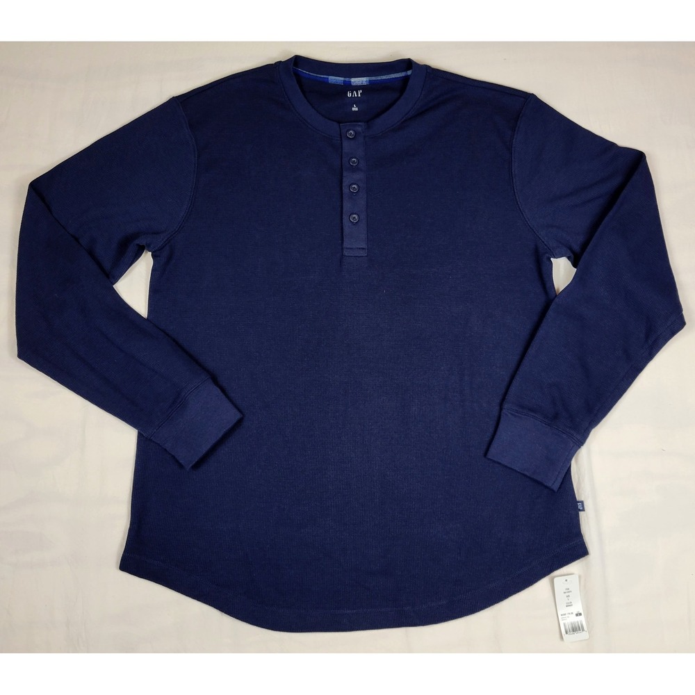 Gap Mens Waffle Knit Henley Long Sleeve Shirt Midnight Blue Navy Large NEW